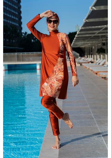 Rukomayo Taba Çapraz Model Çiçek Desenli Lycra ( Su Itici ve Çabuk Kuruyan ) Kumaş Tesettür Mayo