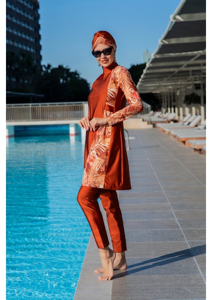 Rukomayo Taba Çapraz Model Çiçek Desenli Lycra ( Su Itici ve Çabuk Kuruyan ) Kumaş Tesettür Mayo fiyatları