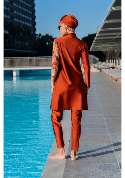 Rukomayo Taba Çapraz Model Çiçek Desenli Lycra ( Su Itici ve Çabuk Kuruyan ) Kumaş Tesettür Mayo modelleri