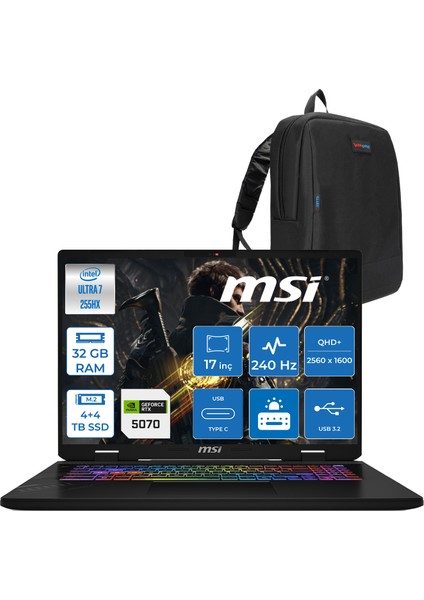Msı Crosshaır 17 Hx Aı WD2XWGKG Intel Core Ultra 7-255HX Aı 32GB GB 4tb Ssd+4tb SSD 8GB/RTX5070 115W 17″ 16:10 QHD+(2560 x 1600), 240Hz IPS Freedos Taşınabilir Bilgisayar W018XTRF16+ZETTAÇANTA