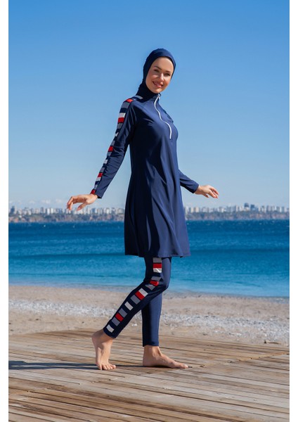 Rukomayo Lacivert Desenli Fermuar Detaylı Lycra ( Su Itici ve Çabuk Kuruyan ) Kumaş Tesettür Mayo