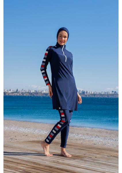 Rukomayo Lacivert Desenli Fermuar Detaylı Lycra ( Su Itici ve Çabuk Kuruyan ) Kumaş Tesettür Mayo fiyatları