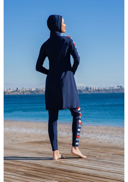 Rukomayo Lacivert Desenli Fermuar Detaylı Lycra ( Su Itici ve Çabuk Kuruyan ) Kumaş Tesettür Mayo modelleri