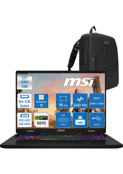 Msı Crosshaır 16 Hx Aı WD2XWGKG Intel Core Ultra 9-275HX Aı 64GB GB 512GB SSD+512GB SSD 8GB/RTX5070 115W 16″ 16:10 QHD+(2560 x 1600), 240Hz IPS WIN11HOME Gaming Laptop W047XTRH26+ZETTAÇANTA