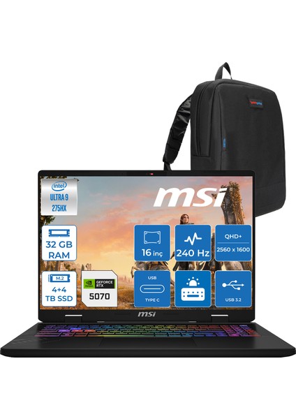 Msı Crosshaır 16 Hx Aı WD2XWGKG Intel Core Ultra 9-275HX Aı 32GB GB 4tb Ssd+4tb SSD 8GB/RTX5070 115W 16″ 16:10 QHD+(2560 x 1600), 240Hz IPS Freedos Taşınabilir Bilgisayar W047XTRF16+ZETTAÇANTA