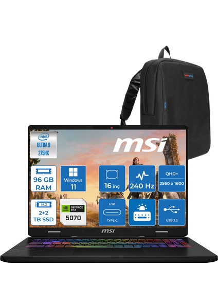 Msı Crosshaır 16 Hx Aı WD2XWGKG Intel Core Ultra 9-275HX Aı 96GB GB 2tb Ssd+2tb 8GB/RTX5070 115W 16″ 16:10 QHD+(2560 x 1600), 240Hz IPS Windows 11 Home Taşınabilir Bilgisayar W047XTRH38+ZETTAÇANTA