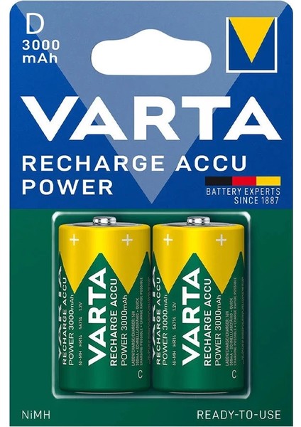 Varta 1.2 Volt - 3000 Mah Nı-Mh Büyük D Boy Şarjlı Pil 2lı Paket (4172)