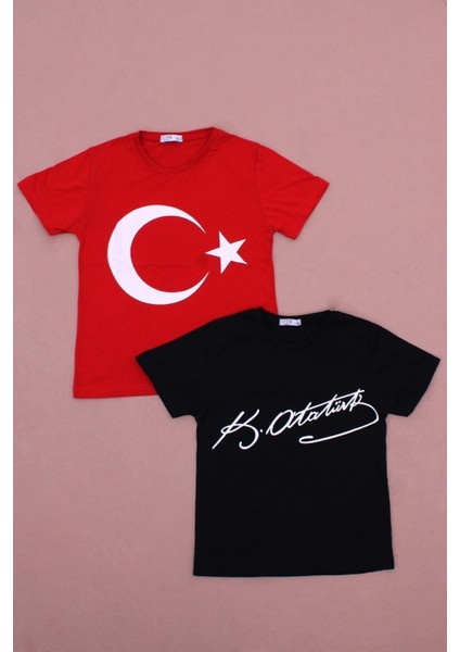 2'li Atatürk-Imza Farklı Desenli Erkek-Kız Çocuk T-Shirt