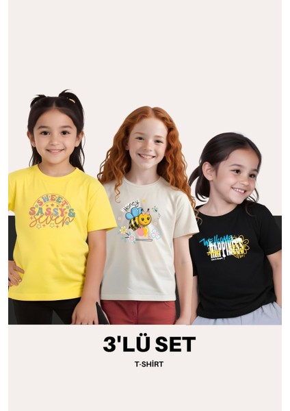 Kız Çocuk 3'lü Happines- Honey-Sassy Baskılı Tişört