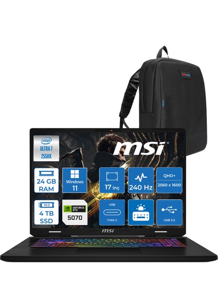 Msı Crosshaır 17 Hx Aı WD2XWGKG Intel Core Ultra 7-255HX Aı 24GB GB 4tb SSD 8GB/RTX5070 115W 17″ 16:10 QHD+(2560 x 1600), 240Hz IPS Windows 11 Pro Taşınabilir Bilgisayar W018XTRW07+ZETTAÇANTA