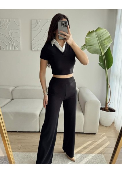 Ottoman Kumaş Gömlek Garnili Crop-Pantolon Ikili Takım