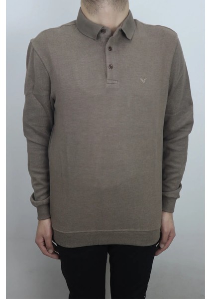 Fistan Store Erkek Sütlü Kahve Düz Spor Kesim Normal Kalıp Polo Yaka Selanik Kumaşlı Kışlık Kazak