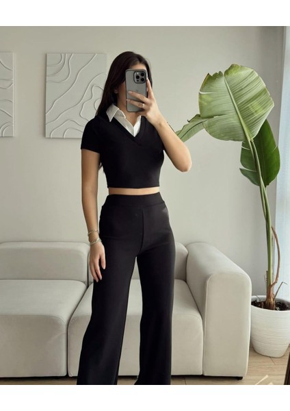 Ottoman Kumaş Gömlek Garnili Crop-Pantolon Ikili Takım