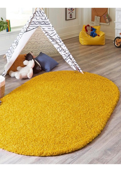 %100 Kaymaz Taban Hardal Sarı Oval Salon Oturma Odası Çocuk Odası Yolluk Halı Shaggy