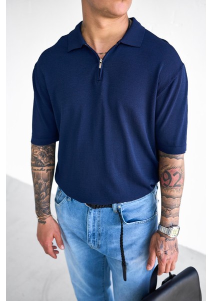 Erkek Yarım Fermuarlı Polo Yaka T-Shirt Lacivert