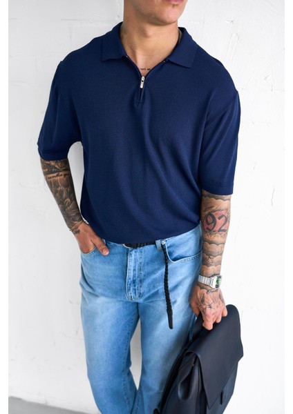Erkek Yarım Fermuarlı Polo Yaka T-Shirt Lacivert fiyatları