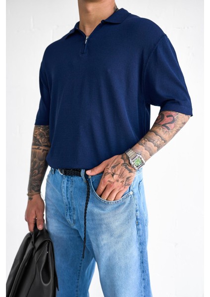 Erkek Yarım Fermuarlı Polo Yaka T-Shirt Lacivert modelleri