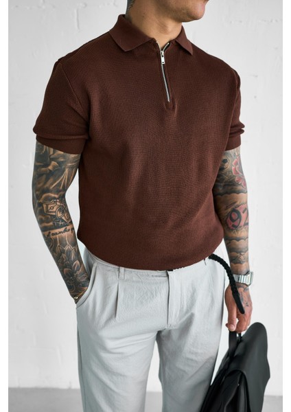 Erkek Yarım Fermuarlı Polo Yaka Triko T-Shirt Kahverengi fiyatları