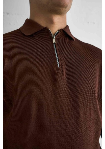Erkek Yarım Fermuarlı Polo Yaka Triko T-Shirt Kahverengi modelleri