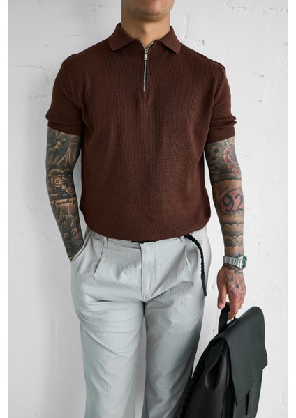 Erkek Yarım Fermuarlı Polo Yaka Triko T-Shirt Kahverengi fırsatları