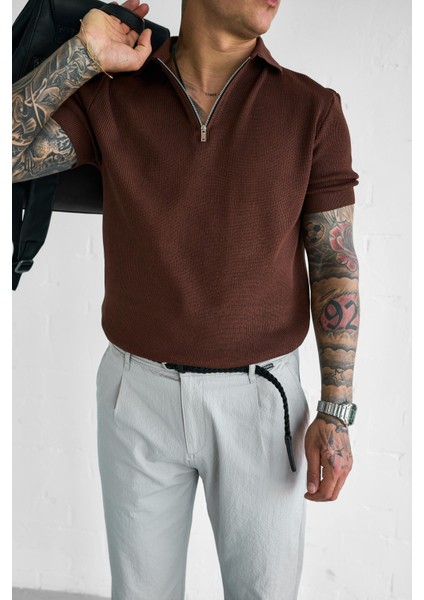 Erkek Yarım Fermuarlı Polo Yaka Triko T-Shirt Kahverengi indirimleri