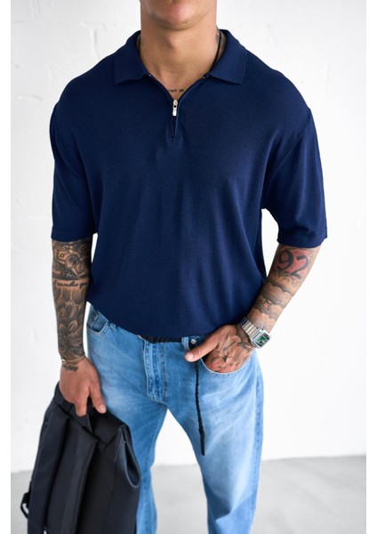 Erkek Yarım Fermuarlı Polo Yaka T-Shirt Lacivert fırsatları