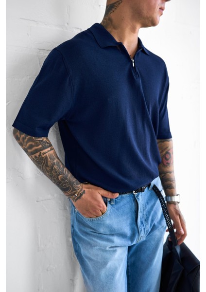Erkek Yarım Fermuarlı Polo Yaka T-Shirt Lacivert indirimleri