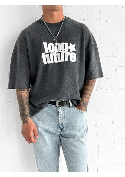 Erkek Yıkamalı Ribana Kumaş Oversize T-Shirt Siyah