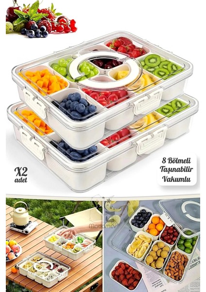 2'li 8 Bölmeli Kilit Kapaklı Taşınabilir Saklama Kabı Kahvaltılık Organizer Piknik Seti Gıda Kutusu