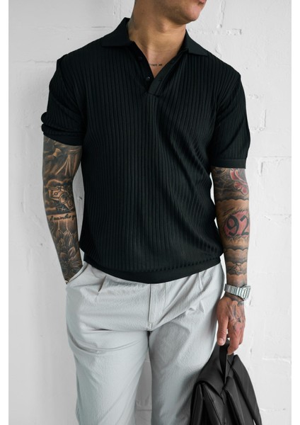 Erkek Polo Yaka Düğmeli Slim Fit T-Shirt Siyah fiyatları