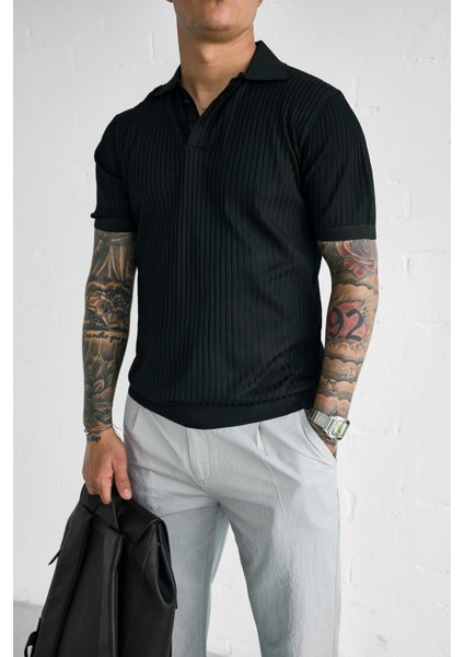 Erkek Polo Yaka Düğmeli Slim Fit T-Shirt Siyah modelleri