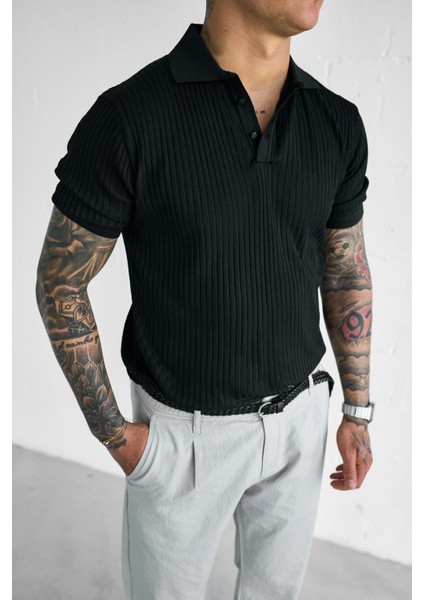 Erkek Polo Yaka Düğmeli Slim Fit T-Shirt Siyah fırsatları
