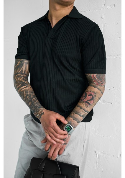 Erkek Polo Yaka Düğmeli Slim Fit T-Shirt Siyah indirimleri