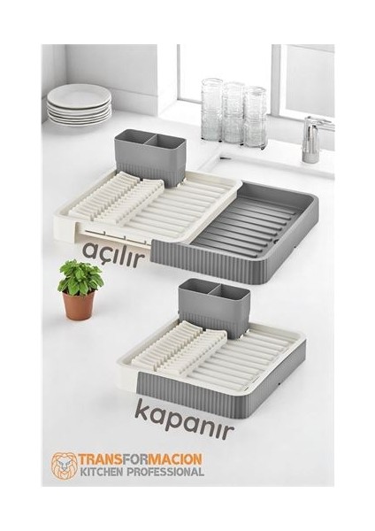 Açılır-Kapanır Bulaşıklık - Bulaşık Durulama Sepeti Tabaklık Bulaşık Kurutmalık Gri