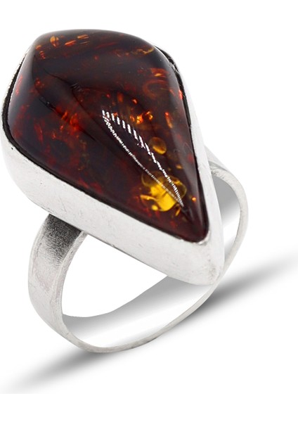 Mekik Model Fosilli Kehribar Taşlı El Işi Otantik Gümüş Kadın Yüzük 201024134