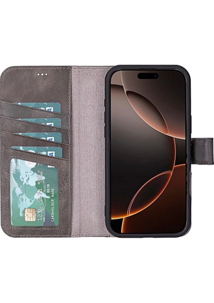 Apple iPhone 16 Pro Uyumlu, Hakiki Deri, El Yapımı, Cüzdanlı Kılıf, Gölgeli Gri