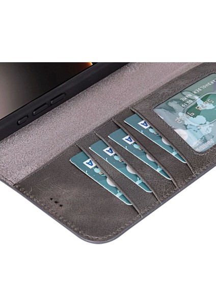 Apple iPhone 16 Pro Uyumlu, Hakiki Deri, El Yapımı, Cüzdanlı Kılıf, Gölgeli Gri