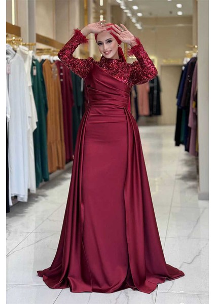 Pul Payet Saten Abiye 7064 Bordo