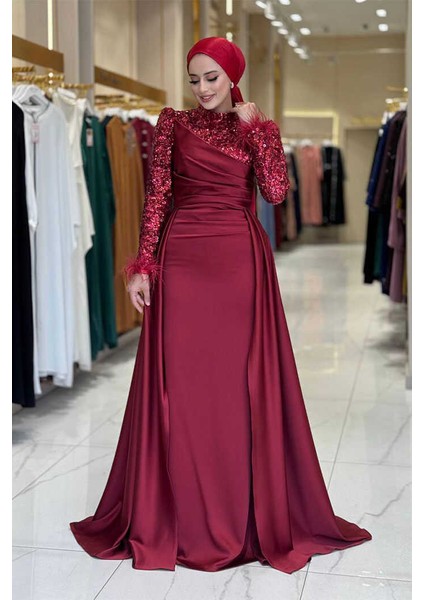 Pul Payet Saten Abiye 7064 Bordo