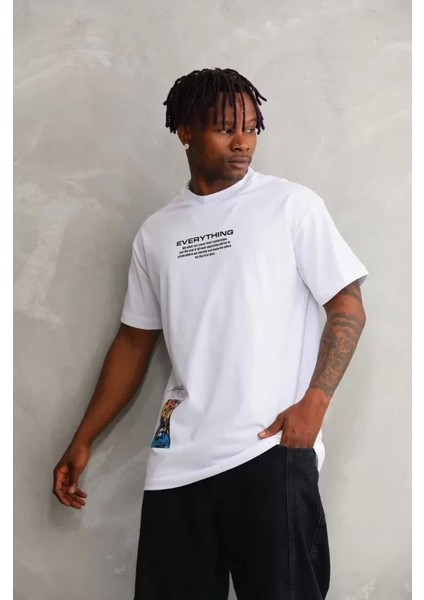 Unisex Bisiklet Yaka Baskılı Oversize T-Shirt - Beyaz