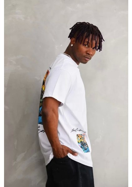 Unisex Bisiklet Yaka Baskılı Oversize T-Shirt - Beyaz