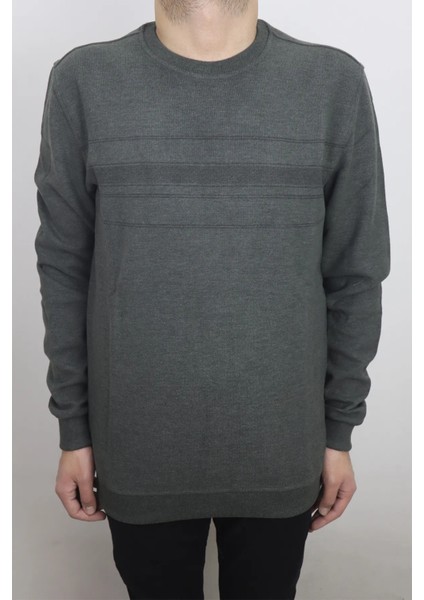 Fistan Store Erkek Haki Yeşil Desenli Spor Normal Kalıp Bisiklet Yaka Selanik Kumaşlı Kışlık Kazak