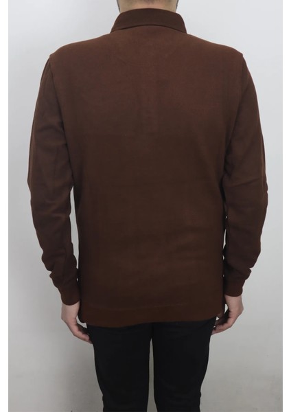 Fistan Store Erkek Kiremit Düz Normal Kalıp Polo Yaka Tek Cepli Selanik Kumaşlı Kışlık Kazak
