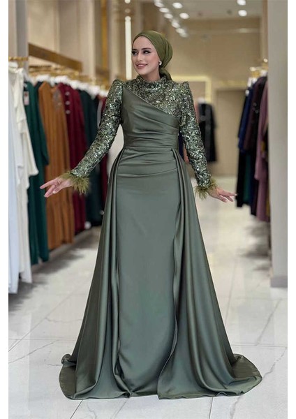 Pul Payet Saten Abiye 7064 Haki