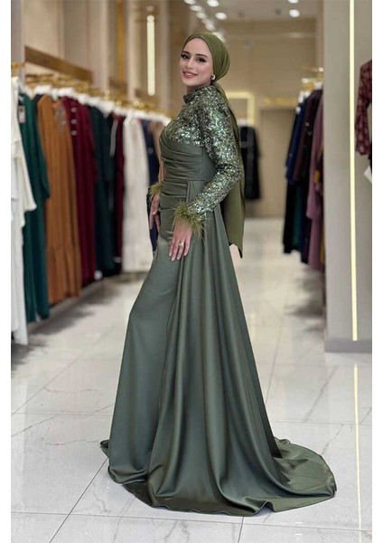 Pul Payet Saten Abiye 7064 Haki