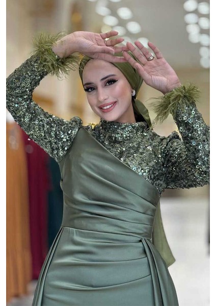 Pul Payet Saten Abiye 7064 Haki