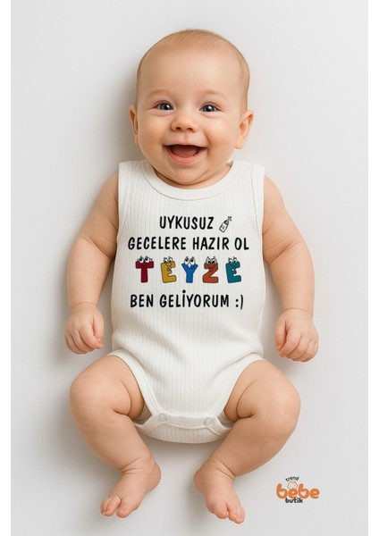 Uykusuz Gecelere Hazır Ol Teyze Yazılı 6-36 Ay Pamuklu Ribana Çıtçıtlı Bebek Tulum Body Zıbın
