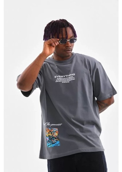Unisex Bisiklet Yaka Baskılı Oversize T-Shirt - Gri