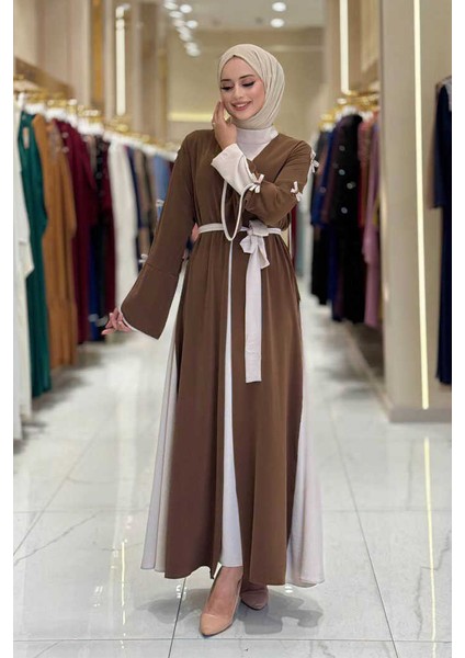 Fiyonk Detaylı Abaya Elbise Takım 3955 Kahverengi modelleri