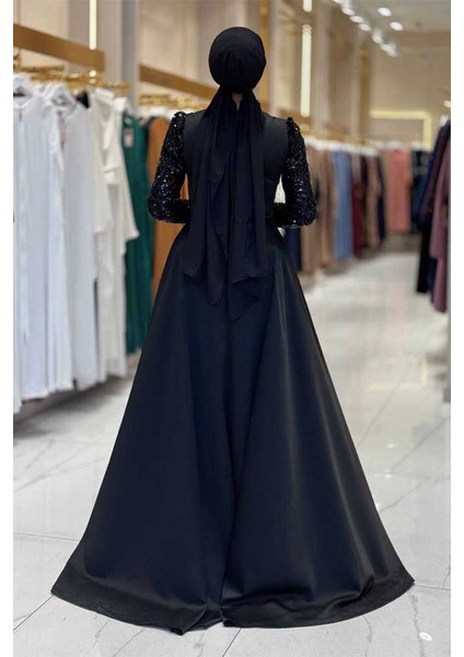 Pul Payet Saten Abiye 7064 Siyah
